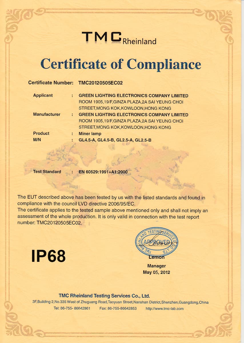 IP68 certificate of mining lights